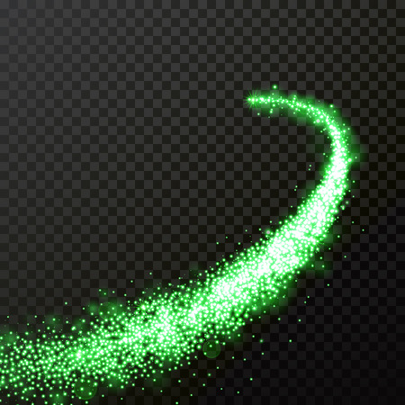 Green particles wave or comet trail with sparkling light effect on vector transparent backgroundのイラスト素材