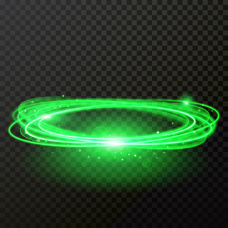 Green neon light abstract circles shine. Vector shiny trace or spiral twirl trail effect on transparent backgroundのイラスト素材