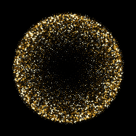 Golden glitter confetti sphere or gold glittery explosion. Vector glittery gold firework splatter background template for greeting cards or fashion backdrop designのイラスト素材