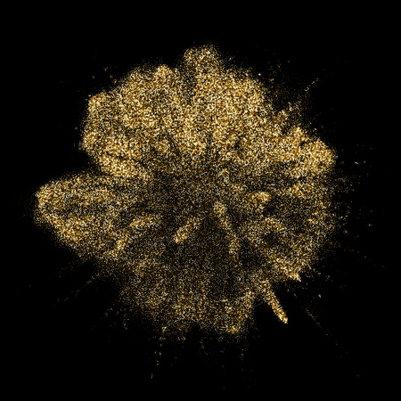 Golden glitter explosion blast with gold shiny particles splatter. Vector gold glare firework explode effect with premium shiny splatter on luxury black backgroundのイラスト素材