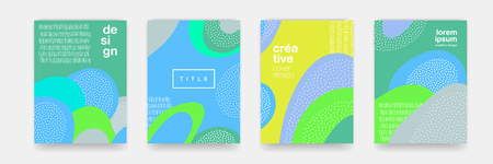 Abstract fun dot pattern cartoon texture for doodle geometric background. Vector green, blue, yellow trend shape for brochure cover template designのイラスト素材