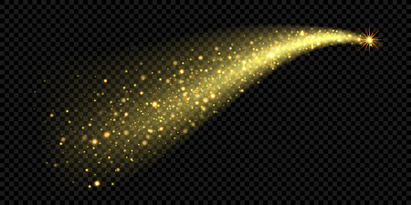 Gold glitter stardust magic trail. Spark light christmas trail wave with glow star shine on black transparent background.のイラスト素材