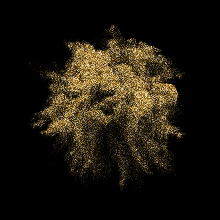 Golden explosion blast with glitter particles on black background. Vector gold glare or smoke splash and splatter texture explode effectのイラスト素材