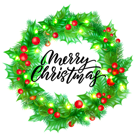 Merry Christmas greeting card design with calligraphy lettering on holly wreath background. Vector Xmas lights decoration and font for New Year celebrationのイラスト素材