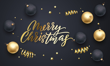 Merry Christmas golden calligraphy lettering and Xmas gold stars, balls and confetti decoration. Vector Xmas holiday sparkling ornaments on black background designのイラスト素材