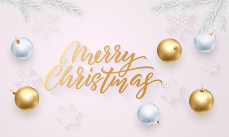 Merry Christmas golden calligraphy lettering, Xmas gold and silver balls on snowflakes pattern. Vector Xmas holiday sparkling ornaments on white snow background designのイラスト素材