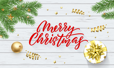 Merry Christmas or Xmas gold stars decoration. Vector Xmas tree ornaments and calligraphy lettering on wood background design templateのイラスト素材