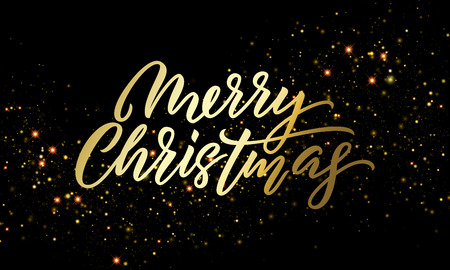 Merry Christmas golden light sparkles and gold calligraphy lettering. Vector Xmas holiday golden glitter or Christmas confetti on black backgroundのイラスト素材