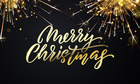 Merry Christmas golden firework sparkles and gold calligraphy lettering. Vector Xmas holiday golden glitter light blurs of Christmas confetti on black backgroundのイラスト素材