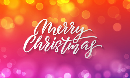 Merry Christmas lettering and Xmas holiday background. Vector Christmas lights sparkles with bokeh light flaresのイラスト素材
