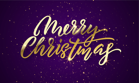 Christmas golden light sparkles, Xmas golden glitter confetti. Merry Christmas gold calligraphy lettering with sparkling stars on purple glittering backgroundのイラスト素材