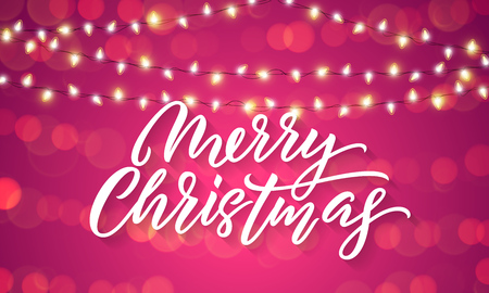 Christmas lights and sparkling light flares on Xmas holiday background. Vector Merry Christmas lettering with holiday glittery sparklesのイラスト素材