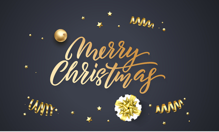 Christmas greeting card black background design template of golden glittering decoration ball and stars confetti. Vector Christmas winter holiday calligraphy quote on black premium backgroundのイラスト素材