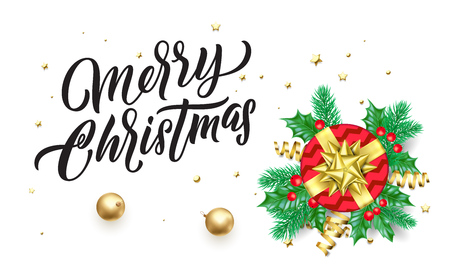 Merry Christmas golden calligraphy lettering and Xmas gifts. Vector Xmas tree ornamentsのイラスト素材