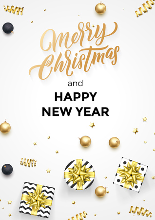 Happy New Year and Merry Christmas greeting card  template of golden modern quote calligraphy.のイラスト素材