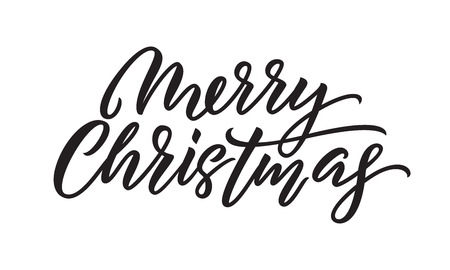 Merry Christmas hand drawn calligraphy, Xmas holiday quote text. Vector lettering on white background for Christmas greeting cardのイラスト素材