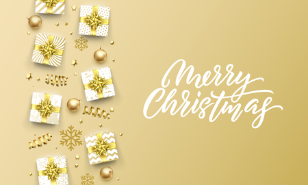 Merry Christmas golden greeting card of gold gifts, stars confetti and snowflakes.のイラスト素材
