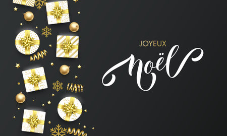 Joyeux Noel French Merry Christmas golden greeting card on premium black background. Vector Christmas calligraphy lettering, gifts, snowflakes and gold glitter starsのイラスト素材