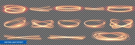 Fire light circles and ring trails, vector sparkling gold glitter glow flare effect. Abstract fire circles, sparkling magic swirls and energy light spiral spin twirlsのイラスト素材