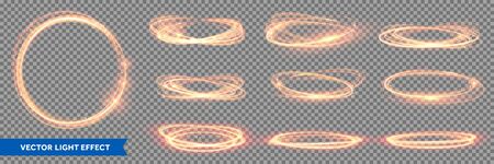Fire light circles trails of sparkling gold glitter, vector glow flare swirls on transparent background. Abstract vector fire circles, sparkling swirls and energy light spiral framesのイラスト素材