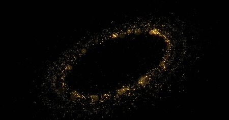 Golden glitter light circle tail, sparkling shine glow wave oval trail. Gold glittering magic shimmer, glowing golden light sparks on black backgroundの写真素材