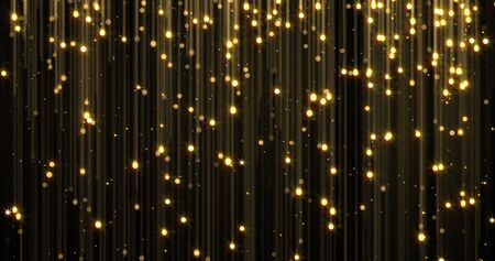 Golden rain, gold glitter particles with magic light sparks falling. Glowing glittering Christmas background, shiny sparkling and flowing light threads, luxury gold shimmer glareの写真素材