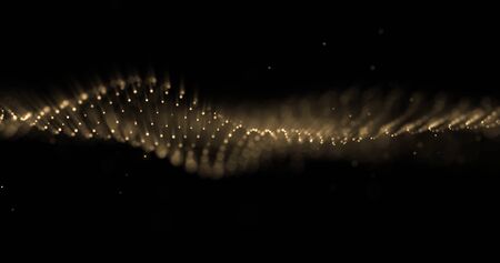 Gold glitter particles wave, glittering golden sparks bokeh shimmering light shine.の写真素材
