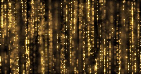 Golden rain, gold glitter particles, magic light sparks curtain.の写真素材