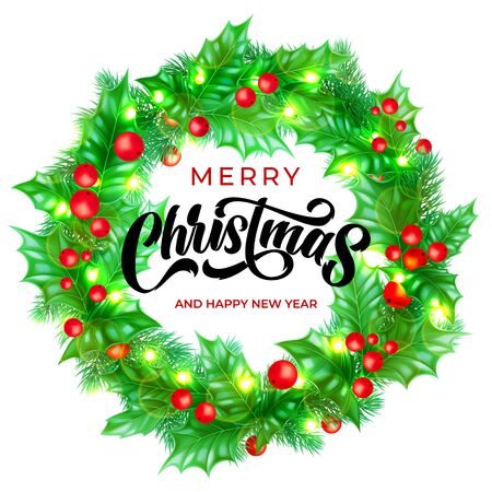 Merry Christmas greeting card design with calligraphy lettering on holly wreathのイラスト素材
