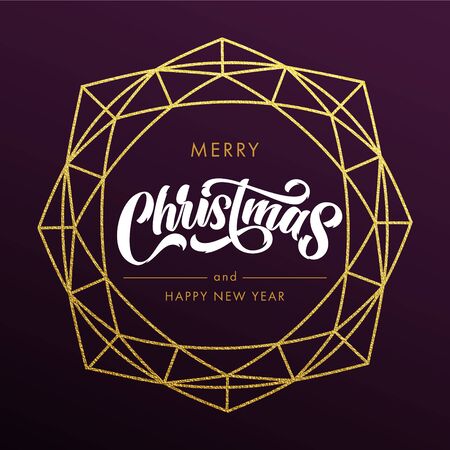 Merry Christmas, Happy New Year gold glitter wreath, lettering trend modern designのイラスト素材