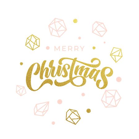 Merry Christmas gold glitter geometric gem crystal ornaments decoration and calligraphy. Christmas greeting card, modern lettering design. Vector golden glittering balls baubles on white backgroundのイラスト素材