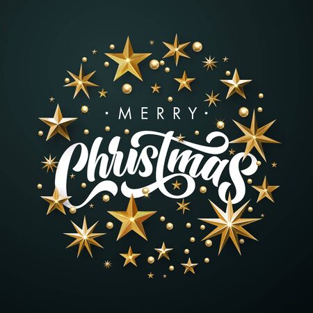 Merry Christmas greeting card, gold glitter stars, vector calligraphy lettering.のイラスト素材