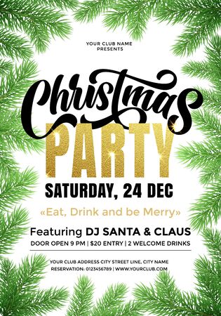 Christmas Party banner template with text and fir Xmas tree branches frame.のイラスト素材