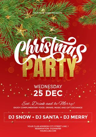 Christmas party celebration, invitation poster template, flyer or banner with red festiveのイラスト素材