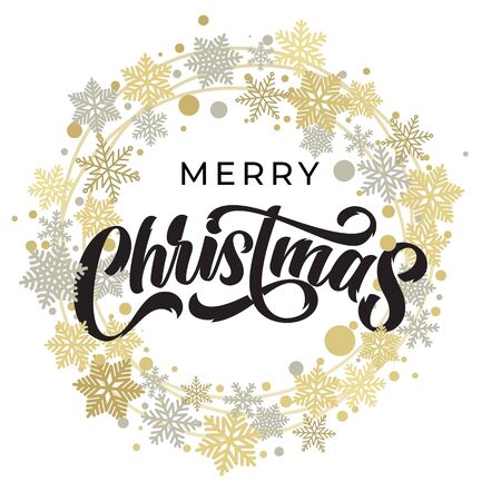 Merry Christmas lettering with golden and silver snowflake ornament pattern, stars and wreath decorationのイラスト素材