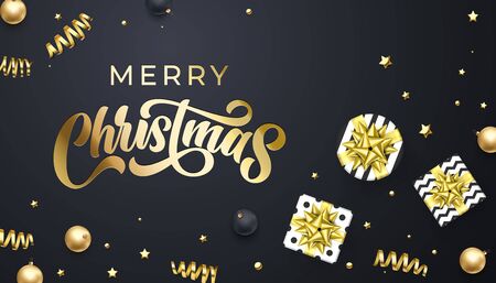 Merry Christmas golden calligraphy lettering, Xmas gold stars, balls and confetti decoration. Vector Christmas holiday sparkling ornaments and gift presents on black backgroundのイラスト素材