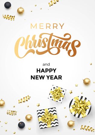 Merry Christmas and Happy New Year greeting card, golden calligraphy text, vector background template. Christmas gifts, golden ribbon, gold glitter confetti and ball decoration on white backgroundのイラスト素材