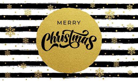 Merry Christmas calligraphy lettering on golden foil snowflakes and stripes patternのイラスト素材