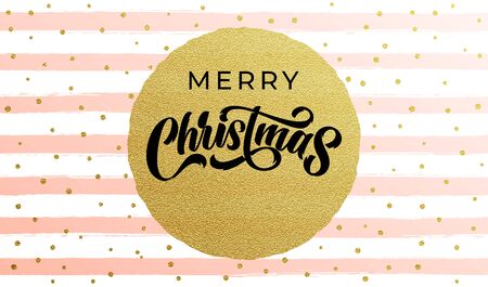 Merry Christmas calligraphy lettering with golf foil circle and golden snowflakes on stripe pattern background. Xmas holiday sparkling ornaments on white and pink background, vector designのイラスト素材