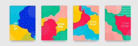 Fun doodle pattern background with abstract shapes and colors. Modern pattern for funny brochure cover, vector template designのイラスト素材