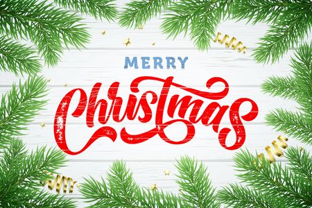 Merry Christmas greeting card calligraphy, vector gold stars and tinsel ornament decoration.のイラスト素材