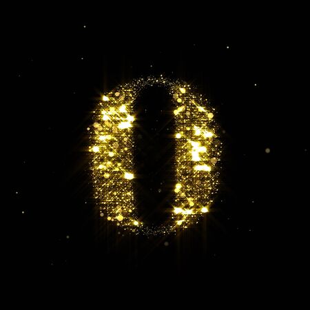 Golden glitter number 0, sparkling gold light and glowing gold particles shine font. Number zero of shimmering sequins and glow sparkles on luxury black backgroundの写真素材