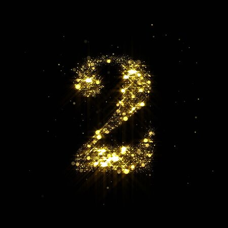 Golden glitter number 2, sparkling gold light and glowing gold particles shine fontの写真素材