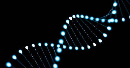 DNA 3D loop, gene helix spiral, chromosome molecule cell of blue light on blackの写真素材