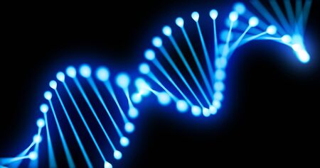 DNA gene helix spiral 3D loop, chromosome molecule cell of blue light on blackの写真素材