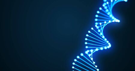 DNA helix spiral 3D loop, gene molecule or chromosome cell of blue light on blackの写真素材