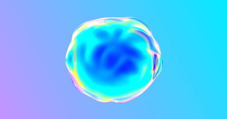 Abstract bubble, liquid sphere on color gradient background. Water drop distortion or air soap bubble blob with chromatic flow edges effectの写真素材