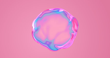 Soap bubble with color gradient on iridescent pink background. Water drop or soap bubble with...