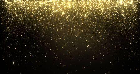 Gold glitter particles falling, golden sparkling shine light background for Christmas holiday. Magic golden glow shimmer confetti and glittering sparksの写真素材