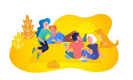 Friends at picnic in forest park, young couple boys and girls laying on blanket on grass. Lagom comfort lifestyle and happiness together concept, vector flat trendy designのイラスト素材